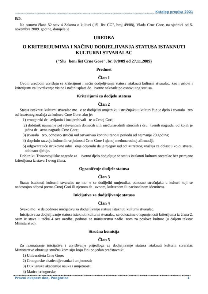 Uredba o kriterijumima i nacinu dodjeljivanja statusa istaknuti kulturni stvaralac
