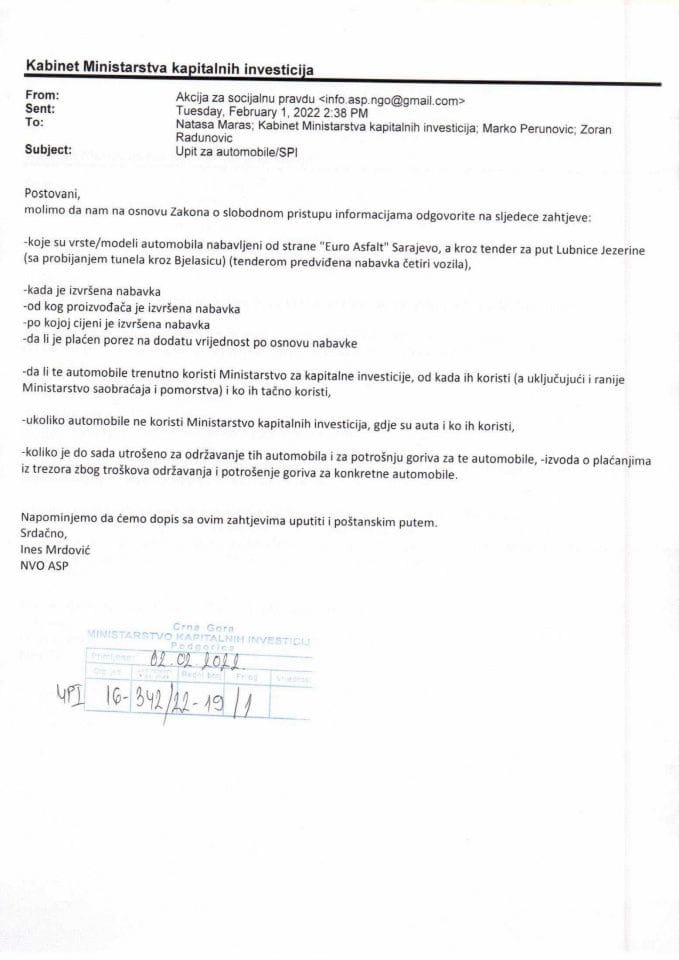 UPI 19. Informacija o nabavci automobila od Euro Asfalt Sarajevo - podnosilac ASP