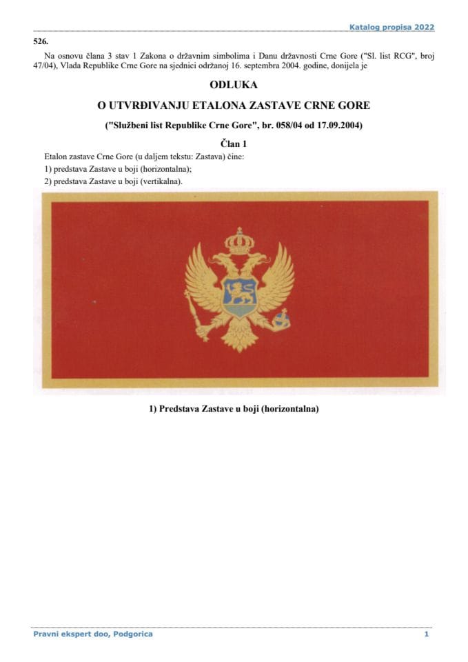Odluka o utvrđivanju etalona zastave Crne Gore