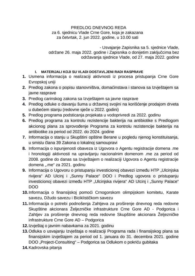 Predlog dnevnog reda za 6. sjednicu Vlade Crne Gore