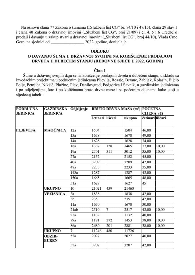 Предлог одлуке о давању шума у државној својини на коришћење продајом дрвета у дубећем стању (редовне сјече у 2022. години)