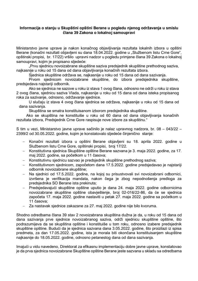 Информација о стању у Скупштини општине Беране у погледу њеног конституисања, у смислу члана 39 Закона о локалној самоуправи