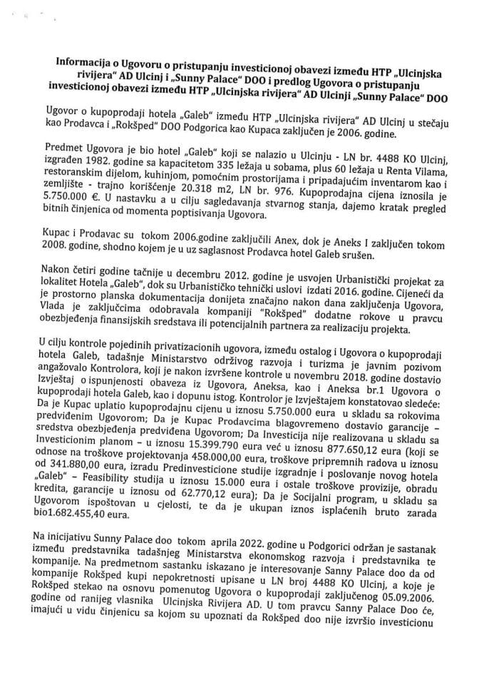 Информација о Уговору о приступању инвестиционој обавези између ХТП „Улцињска ривијера“ АД Улцињ и „Суннy Палаце“ ДОО и Предлог уговора о приступању инвестиционој обавези између ХТП „Улцињска ривијера“ АД Улцињ и „Sunny Palace“ ДОО