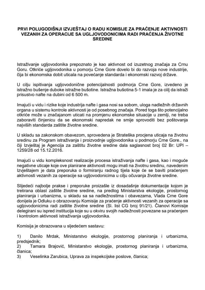 Први полугодишњи Извјештај о раду Комисије за праћење активности везаних за операције са угљоводоницима ради праћења животне средине