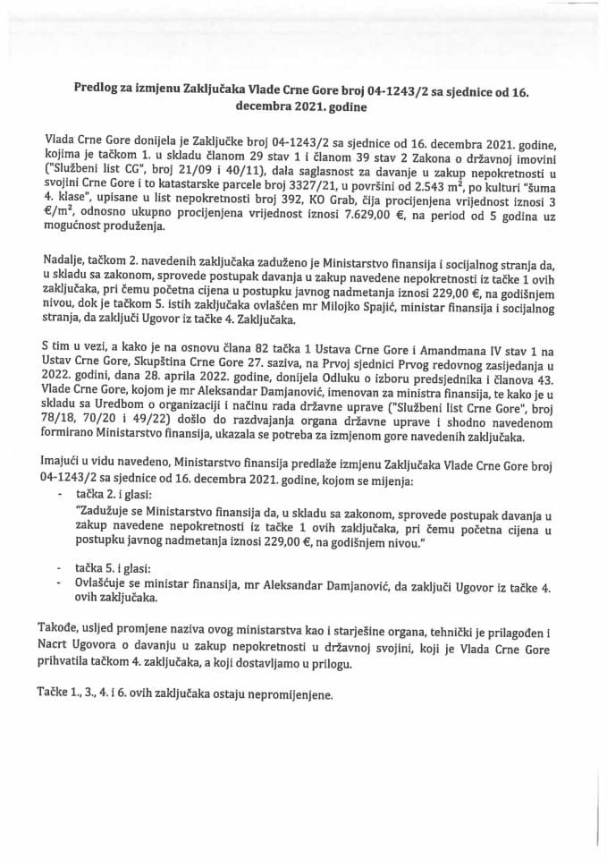 Predlog za izmjenu Zaključaka Vlade Crne Gore, broj: 04-1243/2, od 23. decembra 2021. godine, sa sjednice od 16. decembra 2021. godine (bez rasprave)