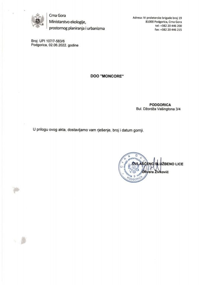 Licence projektanata i izvođača radova - UPI 107-7-583-6 DOO MONCORE