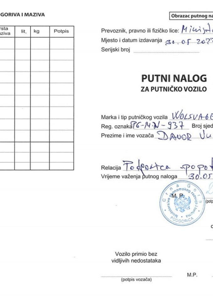 Путни налог Давор Вуциновиц 30.05-04.06