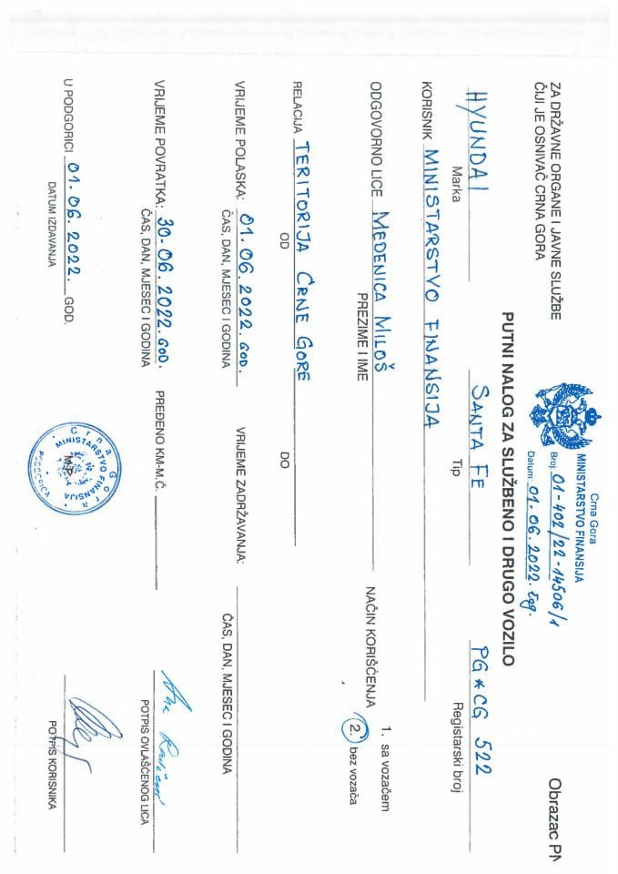 Putni nalozi Ministarstva finansija PG-CG 522