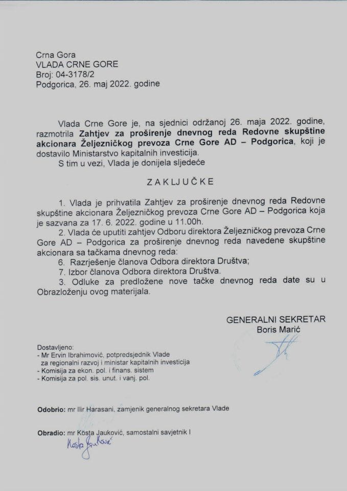 Zahtjev za proširenje dnevnog reda Redovne Skupštine akcionara Željezničkog prevoza Crne Gore AD – Podgorica - zaključci