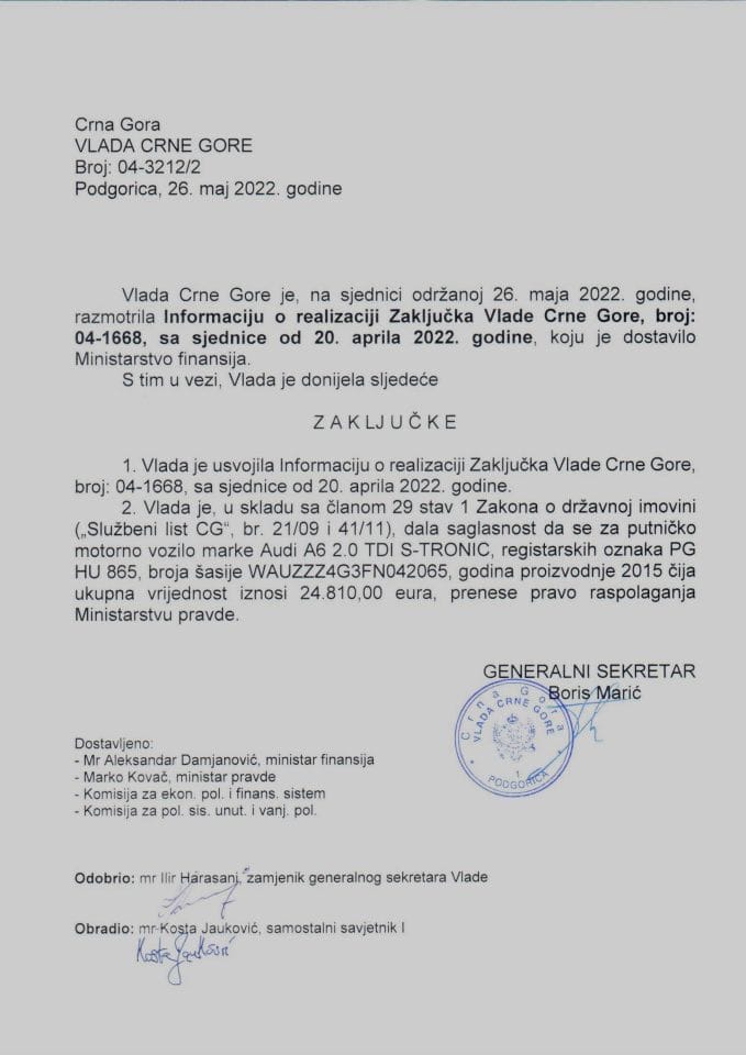Информација о реализацији Закључка Владе Црне Горе, број: 04-1668, са сједнице од 20. априла 2022. године (без расправе) - закључци