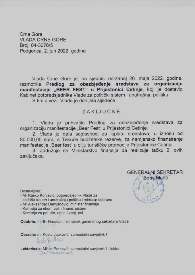 Predlog za obezbjeđenje sredstava za organizaciju manifestacije „BEER FEST“ u Prijestonici Cetinje (bez rasprave) - zaključci