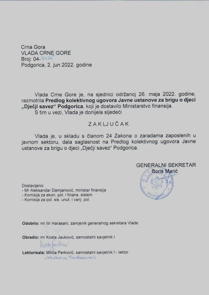 Predlog kolektivnog ugovora Javne ustanove za brigu o djeci „Dječji savez“ Podgorica (bez rasprave) - zaključci