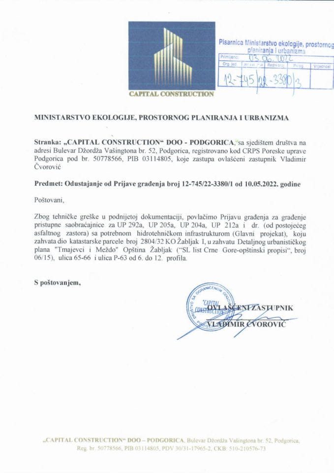 Prijava građenja objekta - 12-745-22-3380-3 CAPITAL CONSTRUCTION DOO PODGORICA