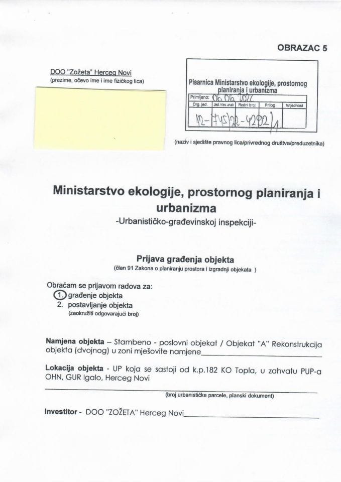 Prijava građenja objekta - 12-745-22-4292-1 DOO ZOŽETA HERCEG NOVI