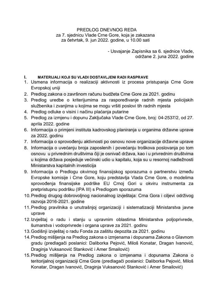 Предлог дневног реда за 7. сједницу Владе Црне Горе