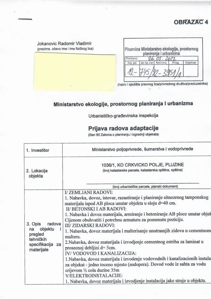 Prijava građenja objekta - 12-745-22-3951-1 MINISTARSTVO POLJOPRIVREDE, ŠUMARSTVA I VODOPRIVREDE