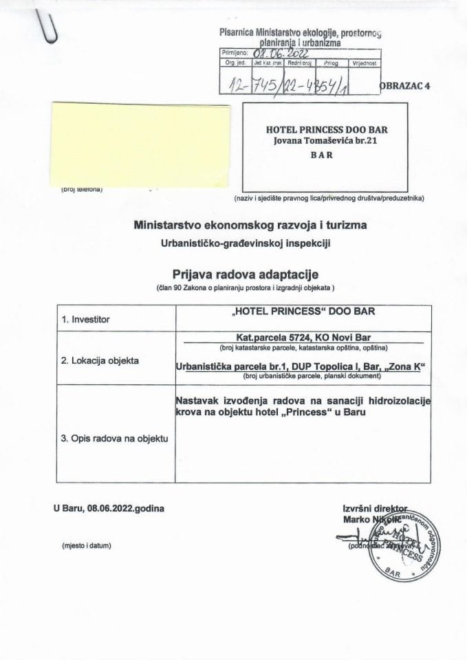 Prijava radova adaptacije - 12-745-22-4354-1 HOTEL PRINCESS DOO BAR