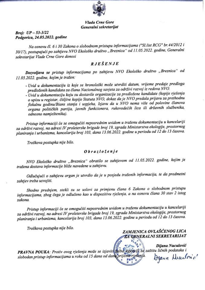 Informacija kojoj je pristup odobren po zahtjevu NVO Ekološko udruženje "Breznica" od 11.05.2022. godine – UP - 53-3/22