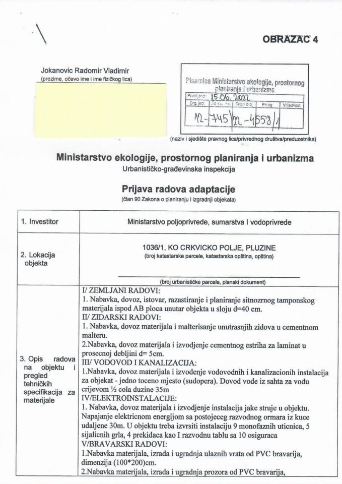 Prijava radova adaptacije - 12-745-22-4558-1 MINISTARSTVO POLJOPRIVREDE, ŠUMARSTVA I VODOPRIVREDE