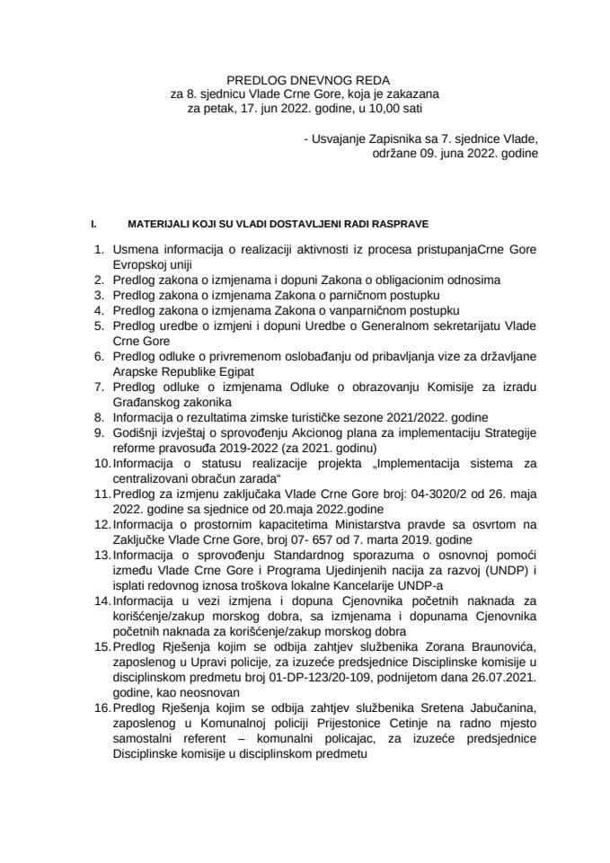 Предлог дневног реда за 8. сједницу Владе Црне Горе
