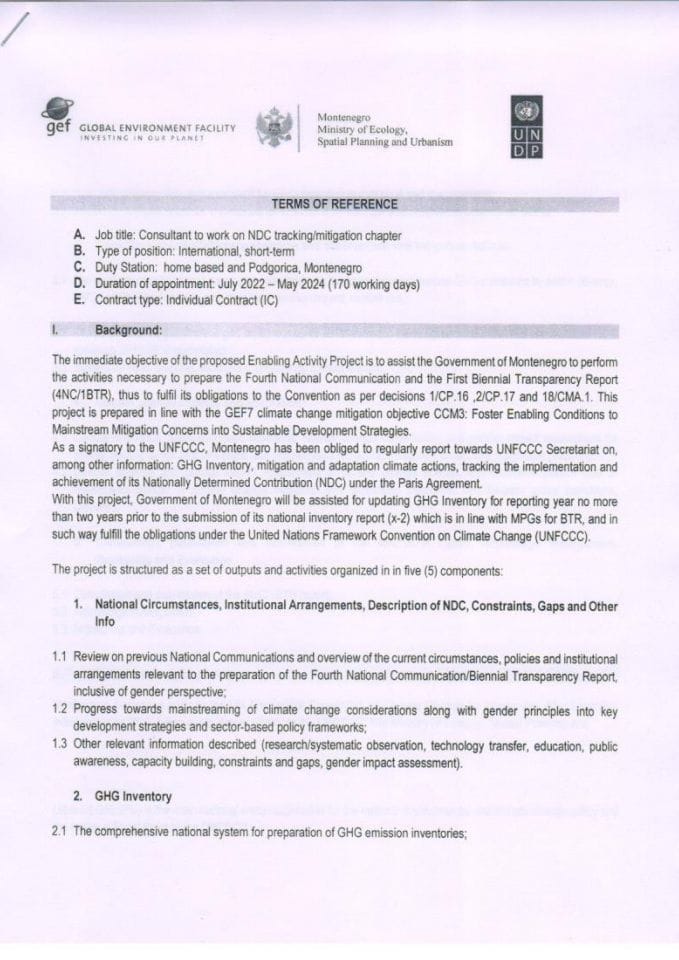 Public announcement for an international expert in the field of tracking the nationally determined contribution (NDC) of Montenegro and mitigation within the project - 4NC/BTR (UNFCCC) - Mitigation international - terms of reference