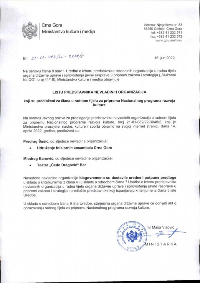 Листа представника НВО који су предложени за члана радног тијела за припрему Националног програма развоја културе