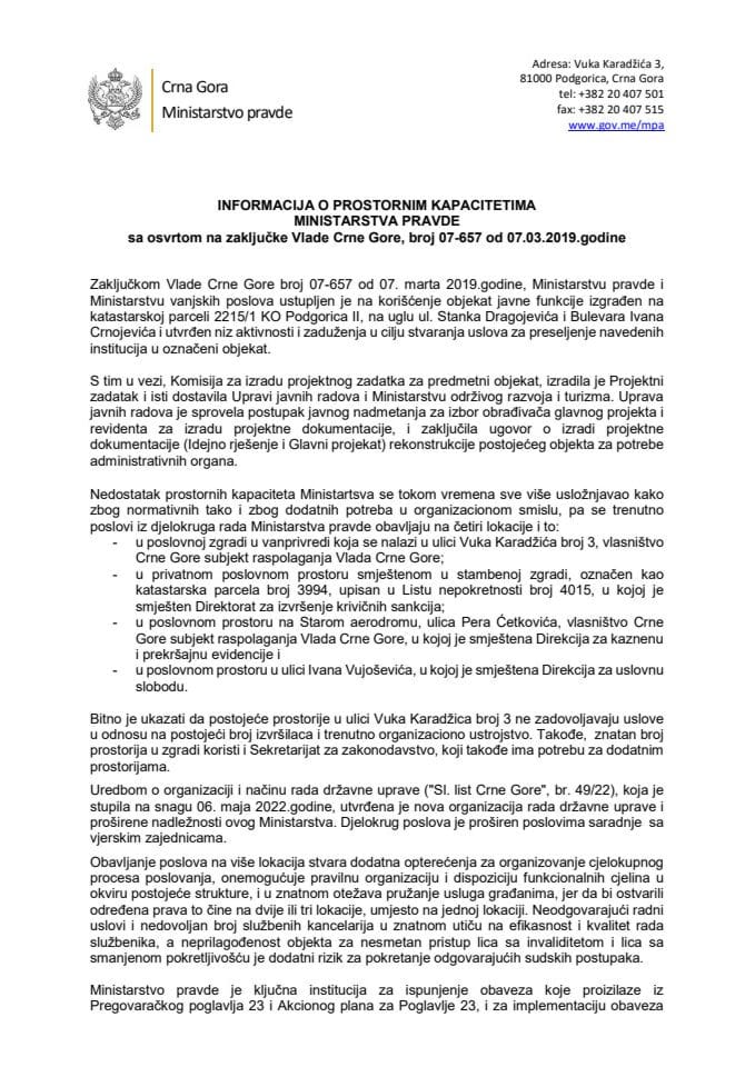 Информација о просторним капацитетима Министарства правде са освртом на Закључке Владе Црне Горе, број 07- 657 од 7. марта 2019. године