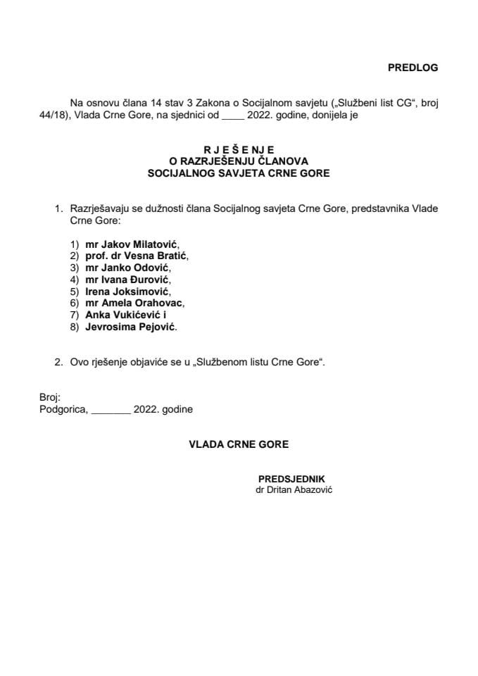 Predlog za razrješenje i imenovanje članova Socijalnog savjeta Crne Gore
