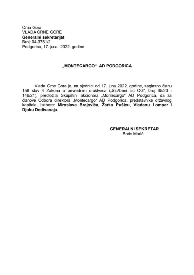 Predlog za izbor članova Odbora direktora "Montecargo" AD Podgorica