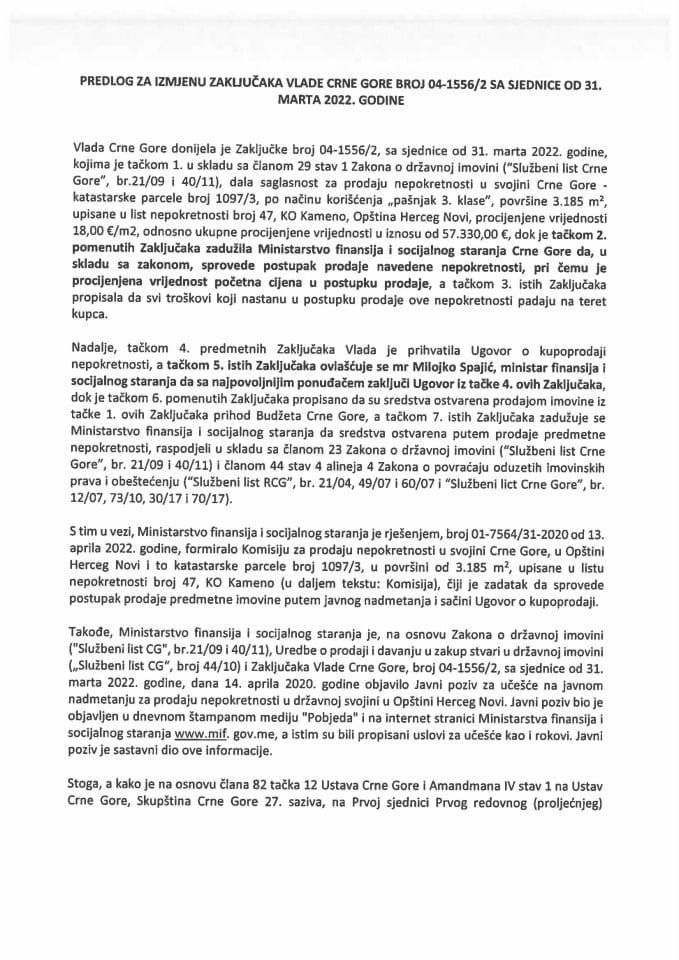 Predlog za izmjenu zaključaka Vlade Crne Gore broj 04-1556/2 od 8.aprila 2022.godine sa sjednice od 31. marta 2022. godine (bez rasprave)
