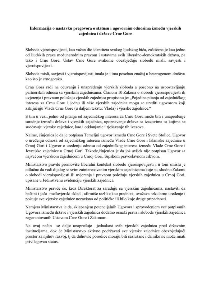 Информација о наставку преговора о статусу и уговорним односима између вјерских заједница и државе Црне Горе