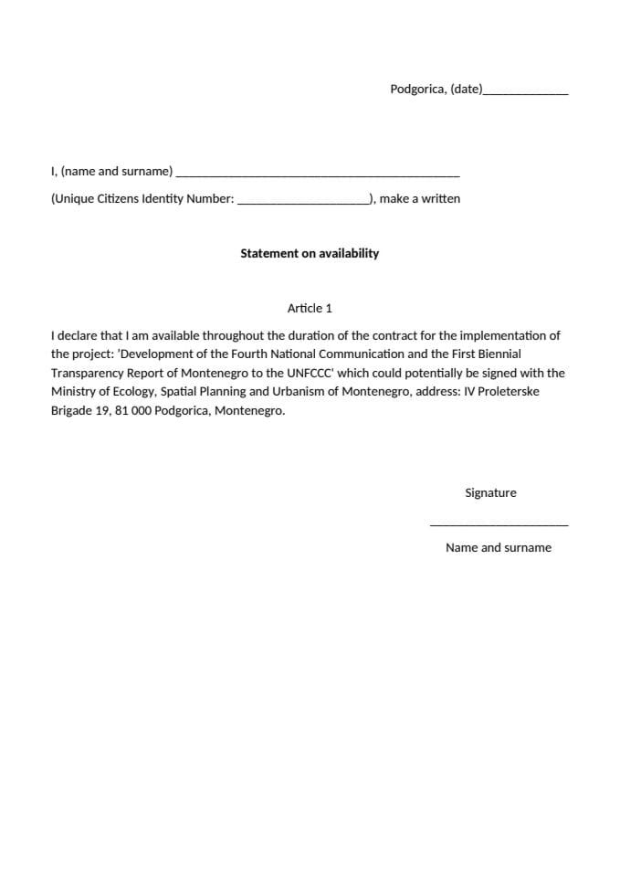 Public announcement for a national expert in the field of tracking the nationally determined contribution (NDC) of Montenegro and mitigation within the project  - 4NC/BTR (UNFCCC) - Statement 4NC