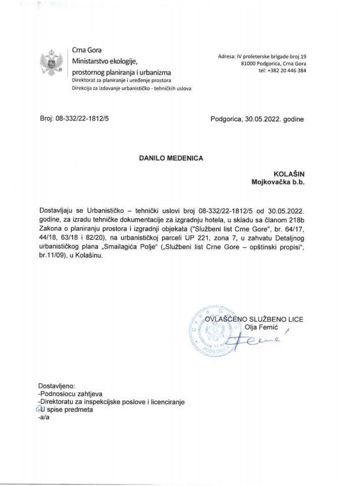 Izdati urbanističko tehnički uslovi 08-332-22-1812-5 DANILO MEDENICA
