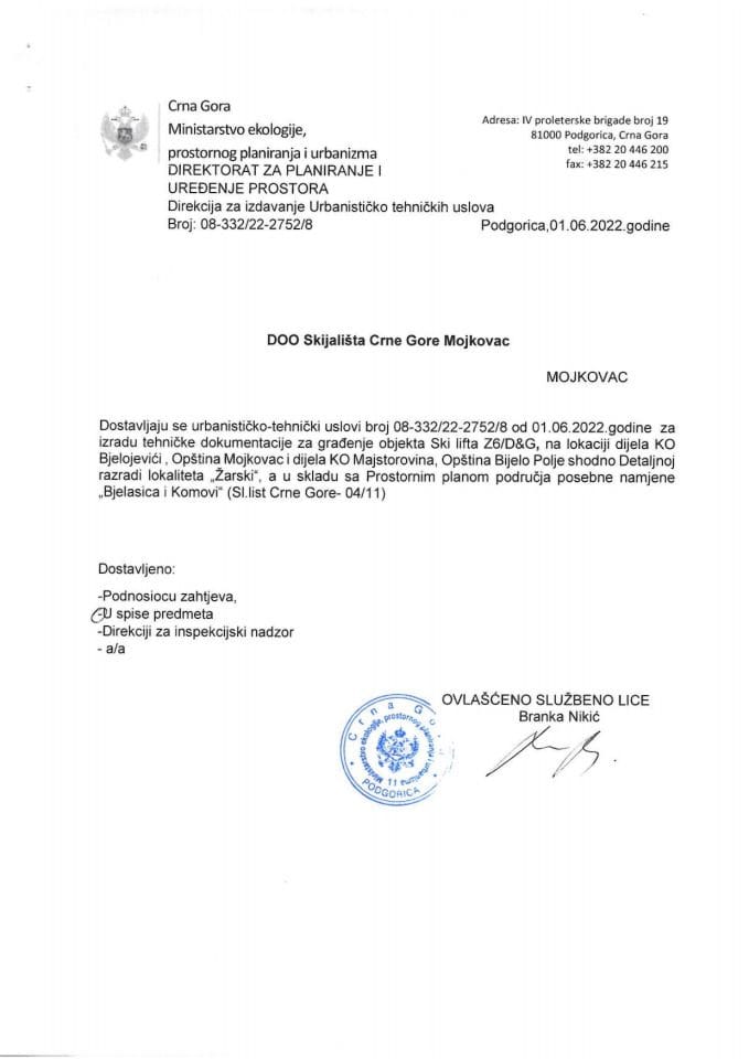 Izdati urbanističko tehnički uslovi 08-332-22-2752-8 DOO SKIJALIŠTA Crne Gore MOJKOVAC