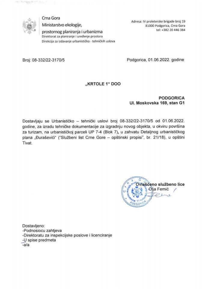 Izdati urbanističko tehnički uslovi 08-332-22-3170-5 KRTOLE 1 DOO