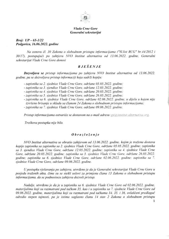 Информација којој је приступ одобрен по захтјеву НВО Институт алтернатива од 13.06.2022. године – УП - 65-1/22