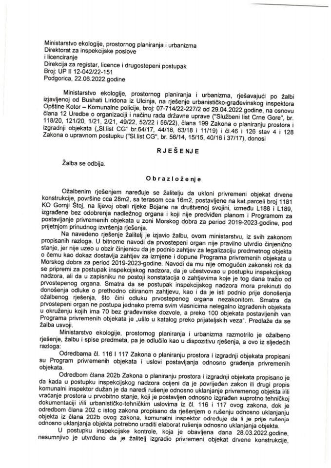 Drugostepena rješenja - UPII 12-042-22-151  BUSHATI LIRIDON