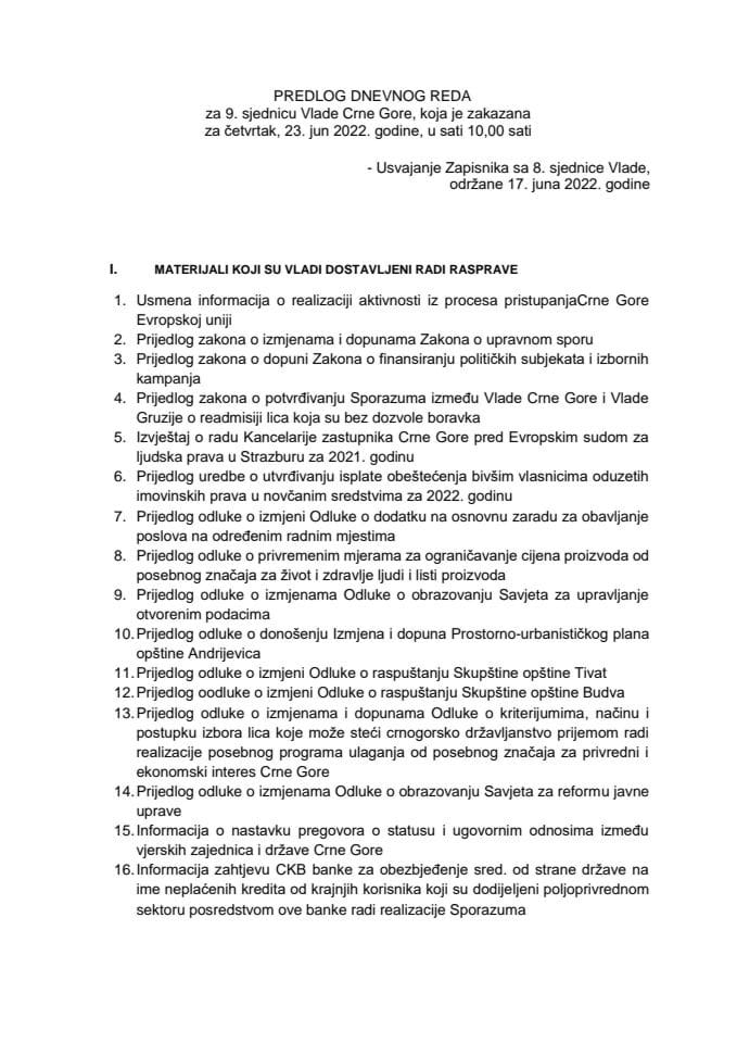 Предлог дневног реда за 9. сједницу Владе Црне Горе