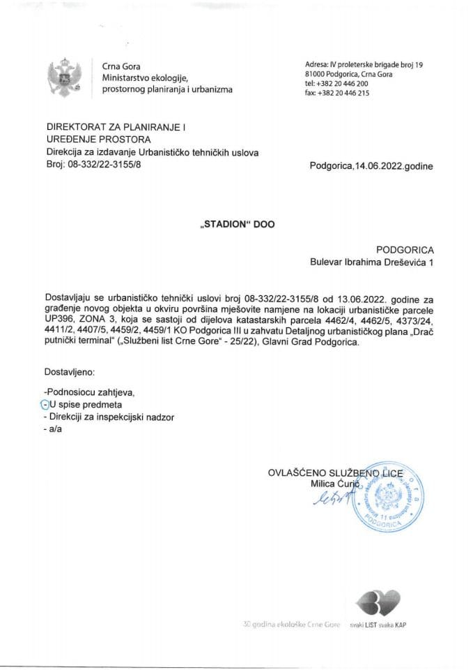 Izdati urbanističko tehnički uslovi 08-332-22-3155-8 STADION DOO