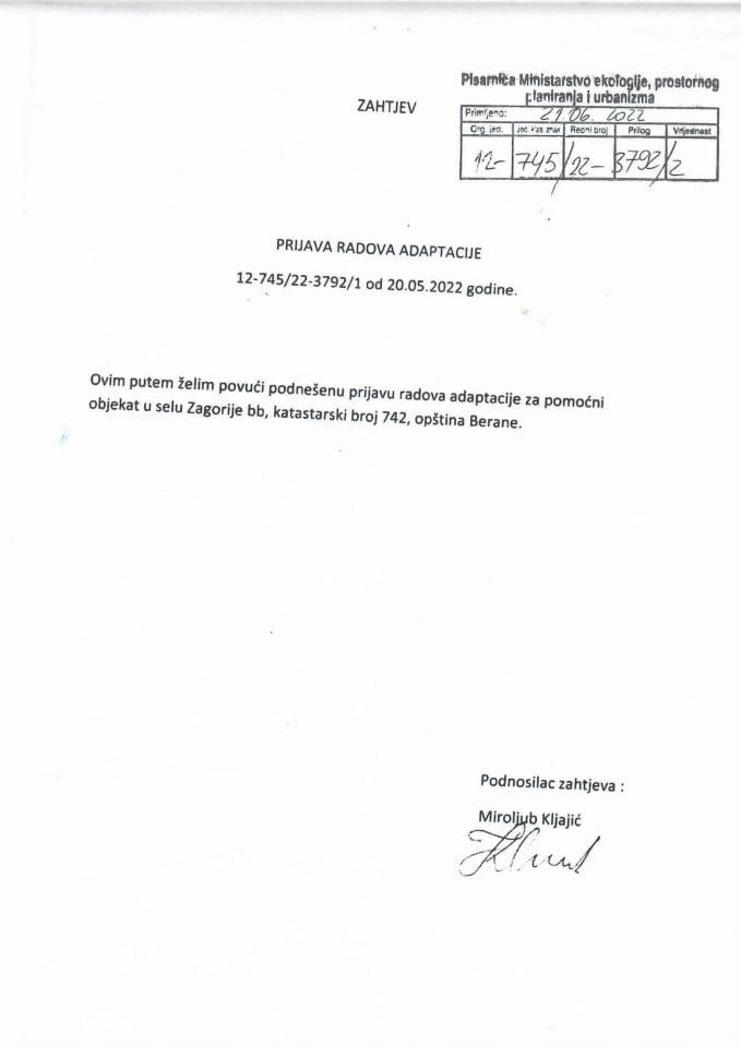 Prijava radova adaptacije - 12-745-22-3792-2 MIROLJUB KLJAJIĆ