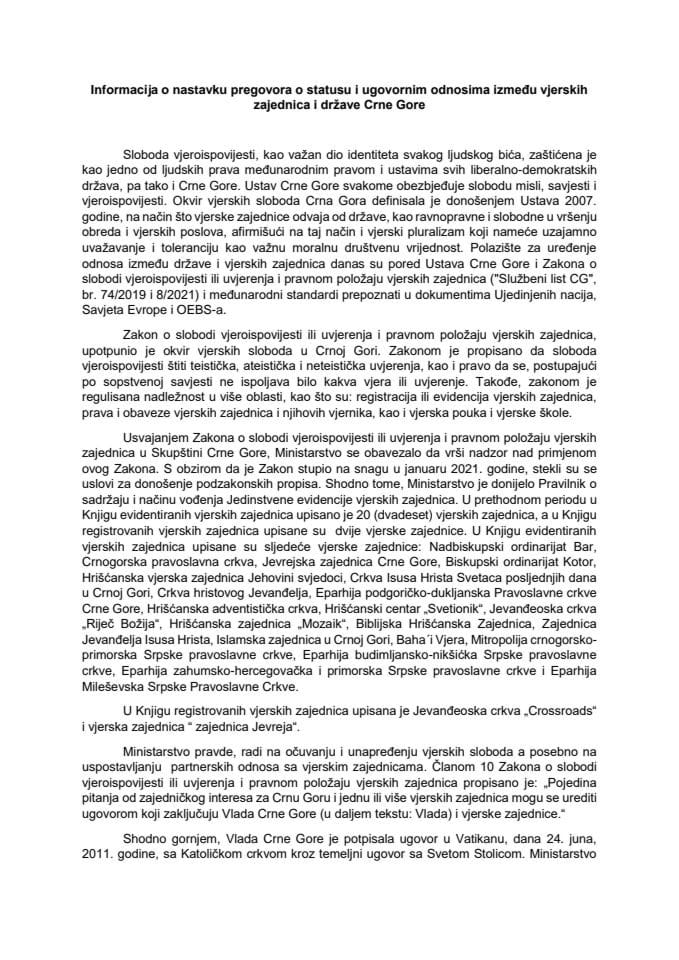 Informacija o nastavku pregovora o statusu i ugovornim odnosima između vjerskih zajednica i države Crne Gore