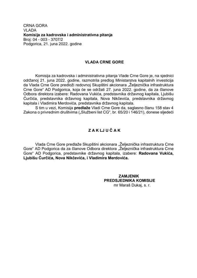 Predlog za izbor članova Odbora direktora „Željeznička infrastruktura Crne Gore“ AD Podgorica