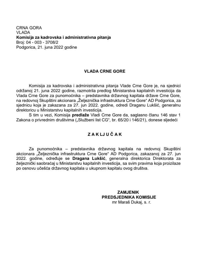 Predlog za određivanje punomoćnika-predstavnika državnog kapitala na redovnoj Skupštini akcionara „Željeznička infrastruktura Crne Gore“ AD Podgorica