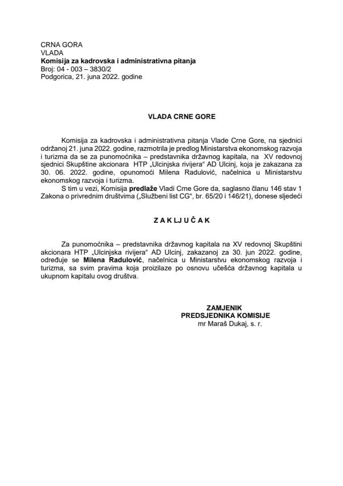 Predlog za određivanje punomoćnika – predstavnika državnog kapitala na XV redovnoj Skupštini akcionara HTP „Ulcinjska rivijera“ AD Ulcinj