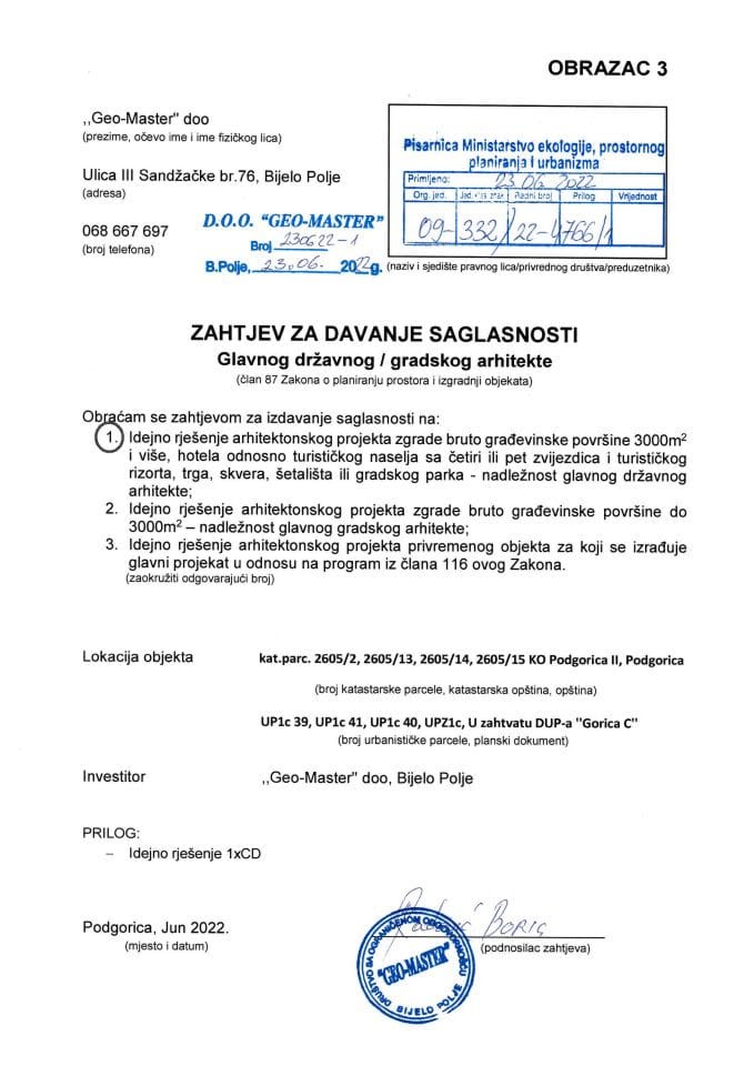 23.06.2022. - Захтјев - ГЕО-МАСТЕР Д.О.О Бијело Поље - Главни град Подгорица
