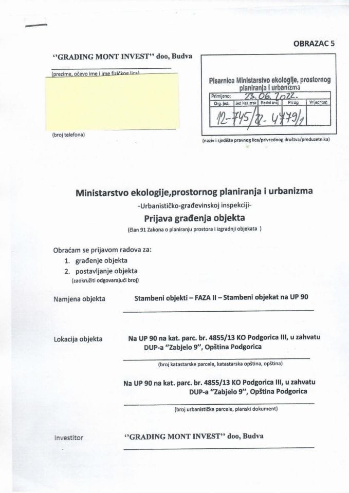 Prijava građenja objekta - 12-745-22-4779-1 GRADING MONT INVEST DOO