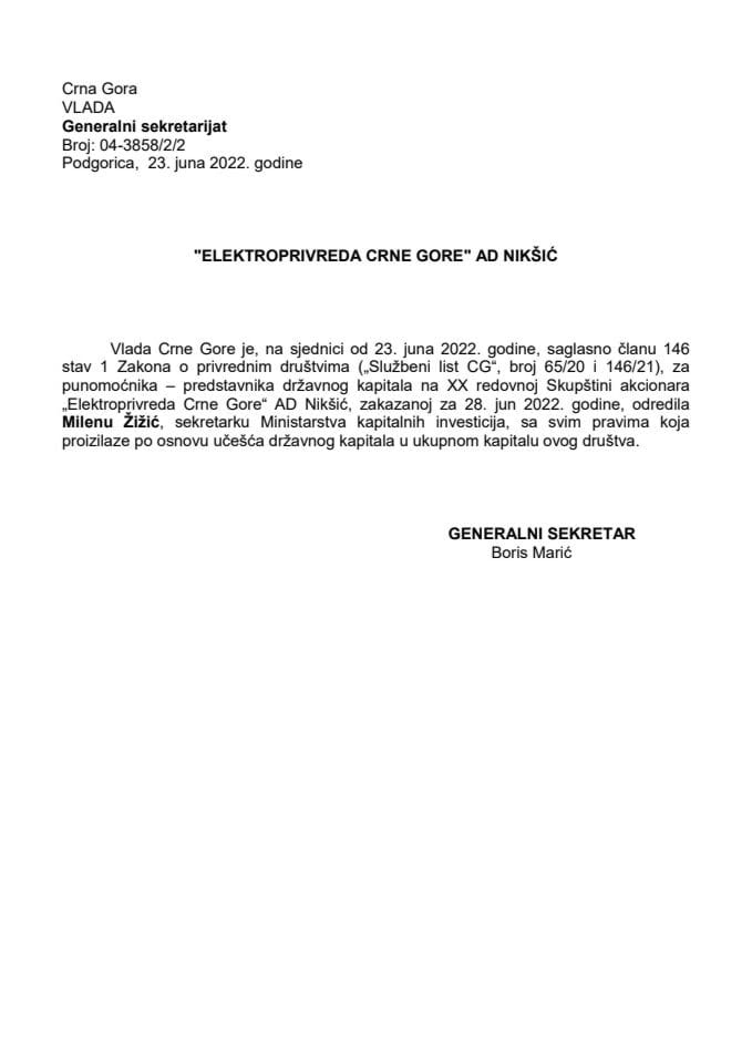 Predlog za određivanje punomoćnika-predstavnika državnog kapitala na XX redovnoj Skupštini "Elektroprivreda Crne Gore" AD Nikšić