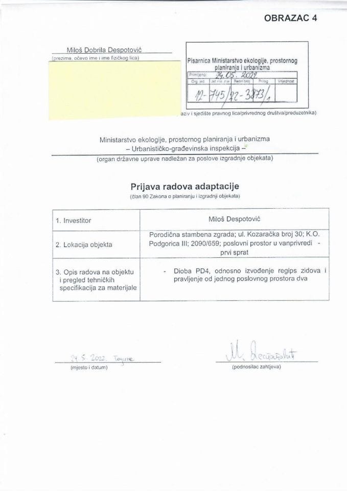 Prijava radova adaptacije - 12-745-22-3873-1 MILOŠ DESPOTOVIĆ