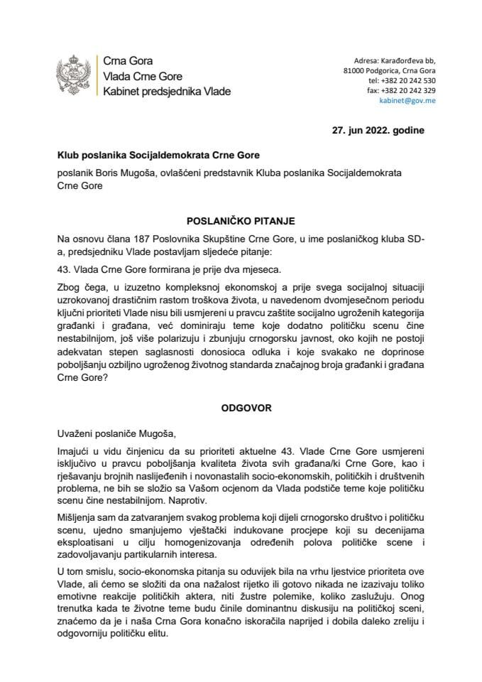 Pisani odgovor predsjednika Vlade dr Dritana Abazovića na poslaničko pitanje Borisa Mugoše