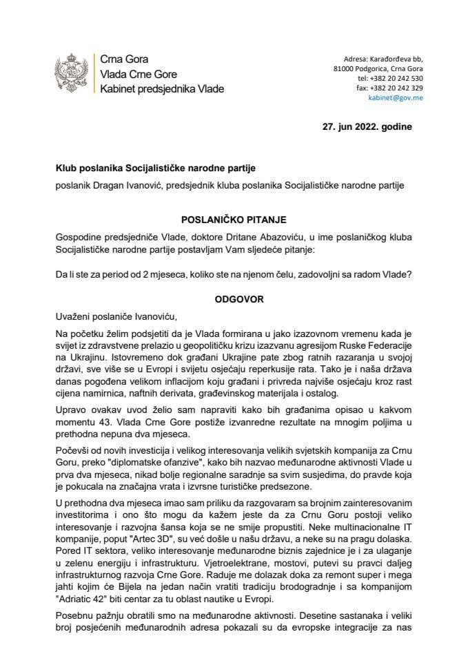 Pisani odgovor predsjednika Vlade dr Dritana Abazovića na poslaničko pitanje Dragana Ivanovića